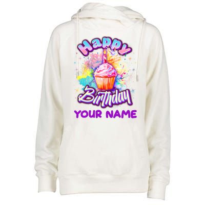 Cute Happy Birthday Graffiti Cupcake Personalized Custom Name Womens Funnel Neck Pullover Hood