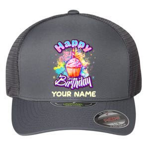 Cute Happy Birthday Graffiti Cupcake Personalized Custom Name Flexfit Unipanel Trucker Cap