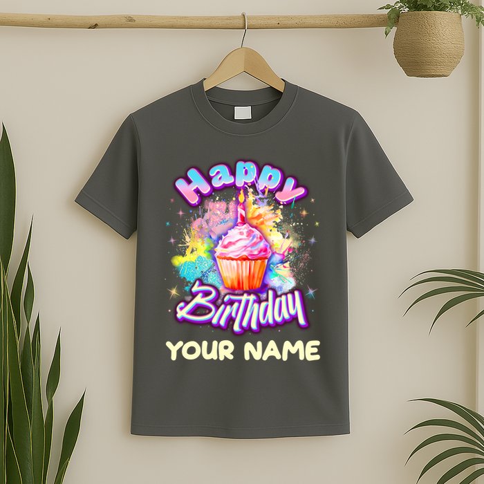 Cute Happy Birthday Graffiti Cupcake Personalized Custom Name T-Shirt