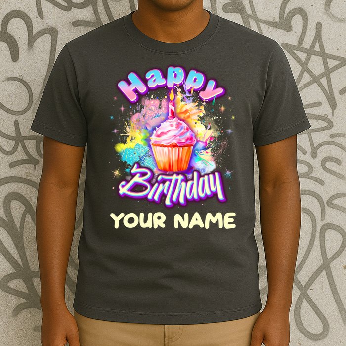 Cute Happy Birthday Graffiti Cupcake Personalized Custom Name T-Shirt