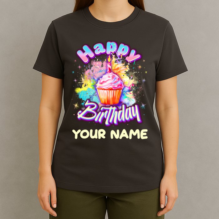 Cute Happy Birthday Graffiti Cupcake Personalized Custom Name T-Shirt