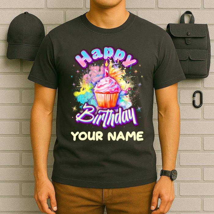 Cute Happy Birthday Graffiti Cupcake Personalized Custom Name T-Shirt