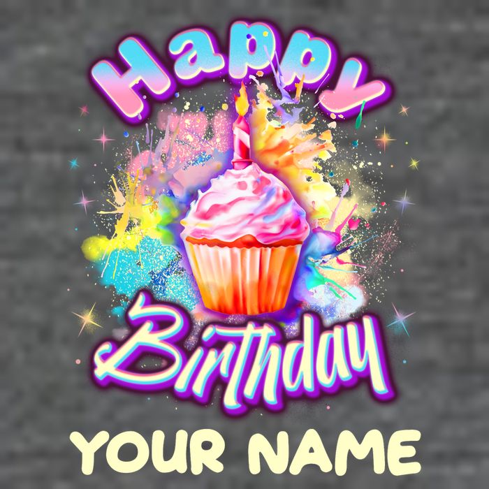 Cute Happy Birthday Graffiti Cupcake Personalized Custom Name T-Shirt