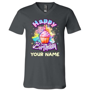 Cute Happy Birthday Graffiti Cupcake Personalized Custom Name V-Neck T-Shirt