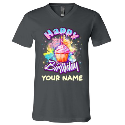 Cute Happy Birthday Graffiti Cupcake Personalized Custom Name V-Neck T-Shirt