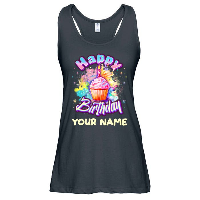 Cute Happy Birthday Graffiti Cupcake Personalized Custom Name Ladies Essential Flowy Tank