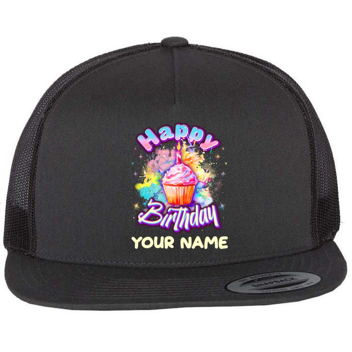 Cute Happy Birthday Graffiti Cupcake Personalized Custom Name Flat Bill Trucker Hat