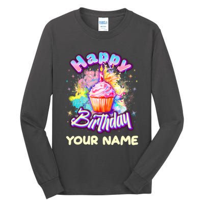 Cute Happy Birthday Graffiti Cupcake Personalized Custom Name Tall Long Sleeve T-Shirt