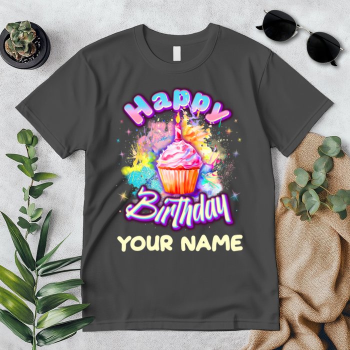 Cute Happy Birthday Graffiti Cupcake Personalized Custom Name Premium T-Shirt