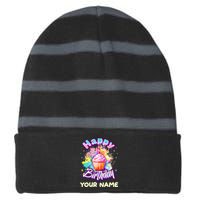 Cute Happy Birthday Graffiti Cupcake Personalized Custom Name Striped Beanie with Solid Band