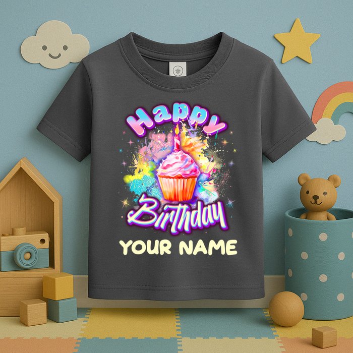 Cute Happy Birthday Graffiti Cupcake Personalized Custom Name Toddler T-Shirt