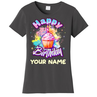 Cute Happy Birthday Graffiti Cupcake Personalized Custom Name Women's T-Shirt