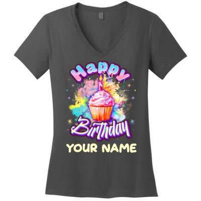 Cute Happy Birthday Graffiti Cupcake Personalized Custom Name Women's V-Neck T-Shirt