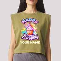 Cute Happy Birthday Graffiti Cupcake Personalized Custom Name Garment-Dyed Women's Muscle Tee