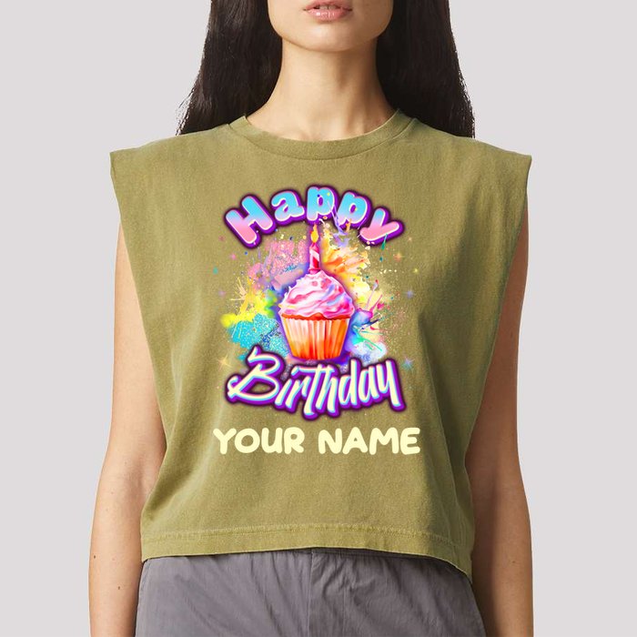 Cute Happy Birthday Graffiti Cupcake Personalized Custom Name Garment-Dyed Women's Muscle Tee