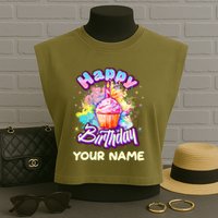 Cute Happy Birthday Graffiti Cupcake Personalized Custom Name Garment-Dyed Women's Muscle Tee