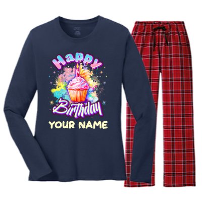 Cute Happy Birthday Graffiti Cupcake Personalized Custom Name Women's Long Sleeve Flannel Pajama Set 