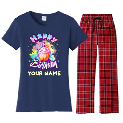 Cute Happy Birthday Graffiti Cupcake Personalized Custom Name Women's Flannel Pajama Set