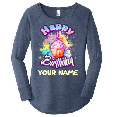 Cute Happy Birthday Graffiti Cupcake Personalized Custom Name Women's Perfect Tri Tunic Long Sleeve Shirt