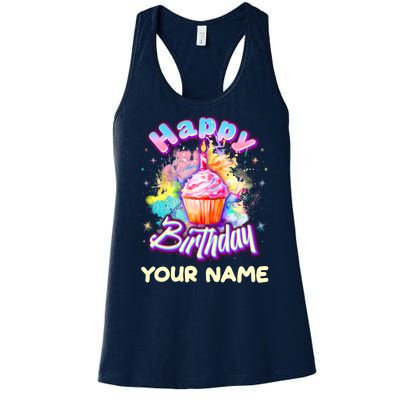 Cute Happy Birthday Graffiti Cupcake Personalized Custom Name Women's Racerback Tank