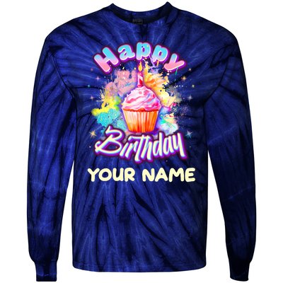 Cute Happy Birthday Graffiti Cupcake Personalized Custom Name Tie-Dye Long Sleeve Shirt