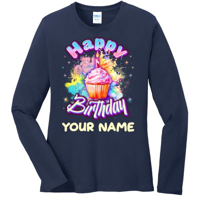 Cute Happy Birthday Graffiti Cupcake Personalized Custom Name Ladies Long Sleeve Shirt