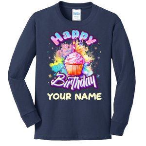 Cute Happy Birthday Graffiti Cupcake Personalized Custom Name Kids Long Sleeve Shirt