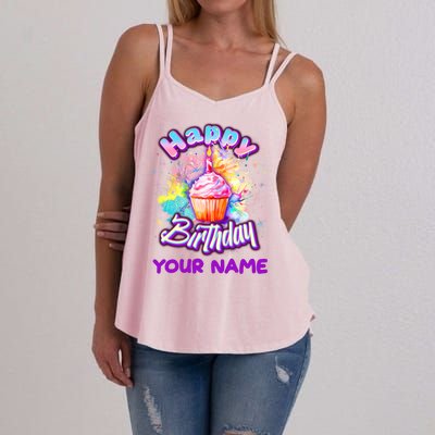 Cute Happy Birthday Graffiti Cupcake Personalized Custom Name Women's Strappy Tank