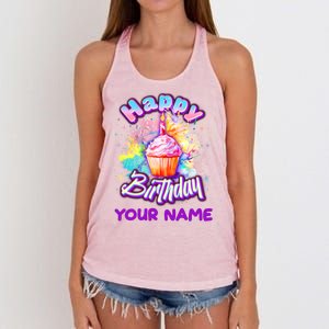 Cute Happy Birthday Graffiti Cupcake Personalized Custom Name Women's Knotted Racerback Tank