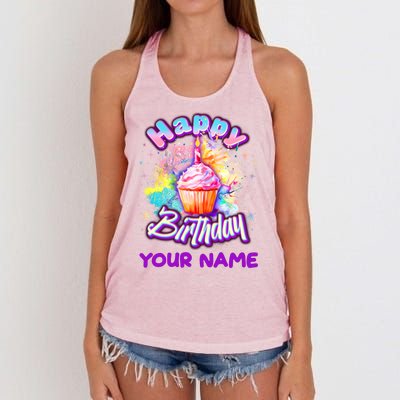 Cute Happy Birthday Graffiti Cupcake Personalized Custom Name Women's Knotted Racerback Tank