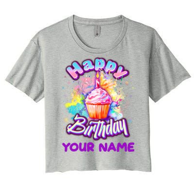 Cute Happy Birthday Graffiti Cupcake Personalized Custom Name Women's Crop Top Tee