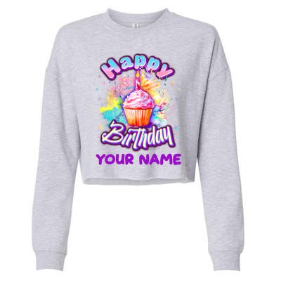 Cute Happy Birthday Graffiti Cupcake Personalized Custom Name Cropped Pullover Crew