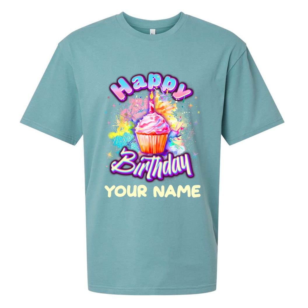 Cute Happy Birthday Graffiti Cupcake Personalized Custom Name Sueded Cloud Jersey T-Shirt