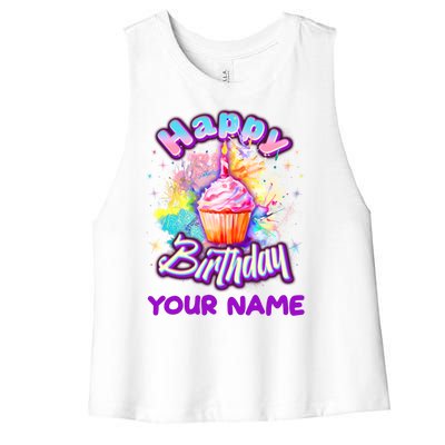 Cute Happy Birthday Graffiti Cupcake Personalized Custom Name Women's Racerback Cropped Tank