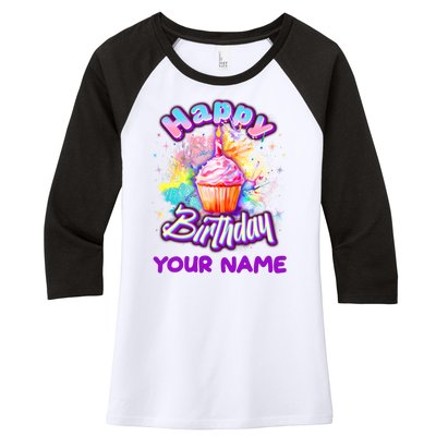 Cute Happy Birthday Graffiti Cupcake Personalized Custom Name Women's Tri-Blend 3/4-Sleeve Raglan Shirt