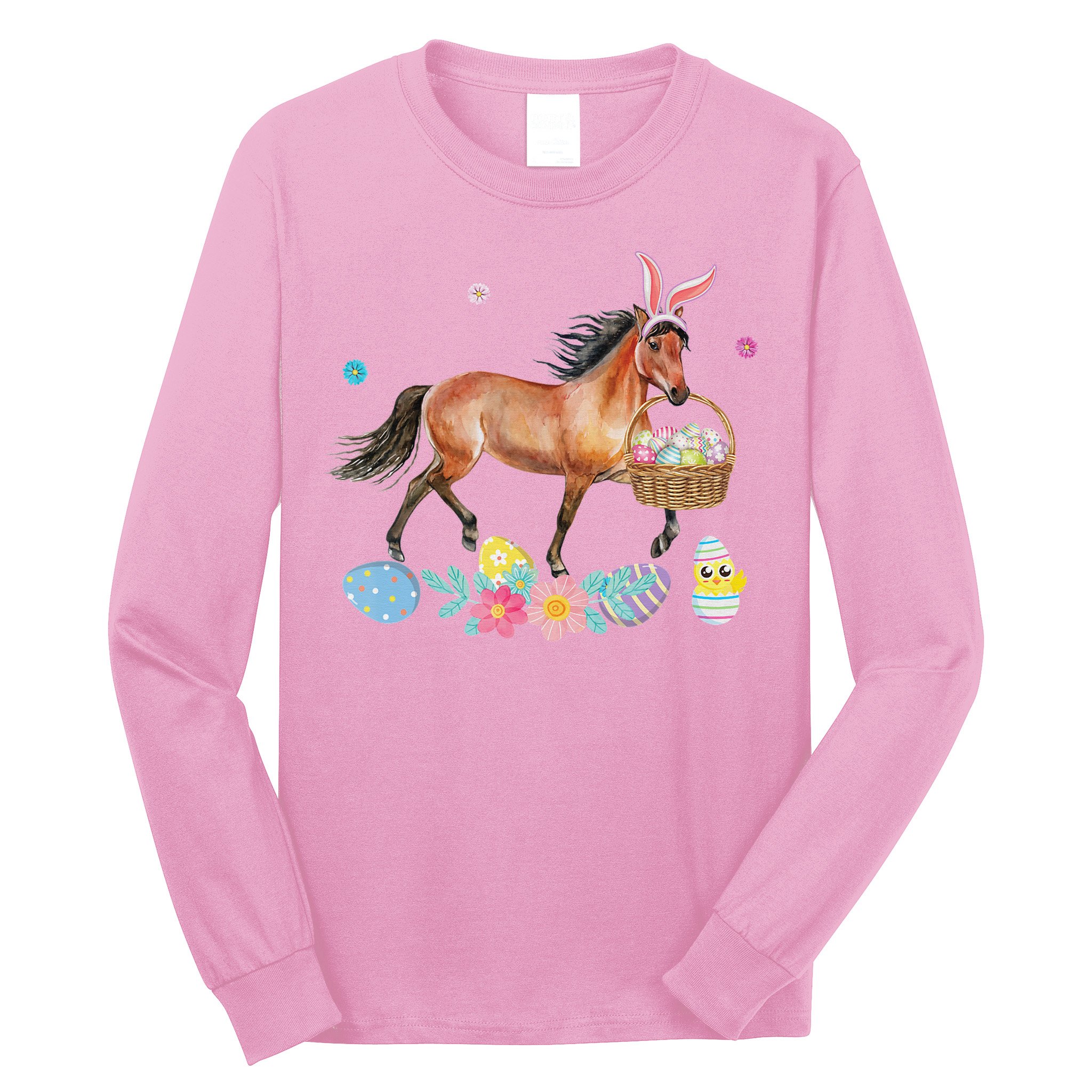 Cute Horse Bunny Ears Easter Eggs Basket Horse Long Sleeve Shirt