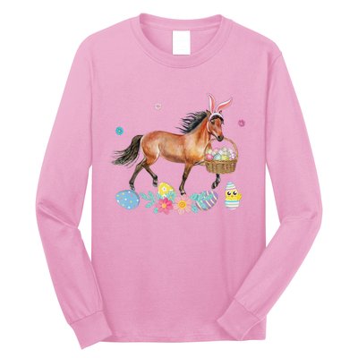 Cute Horse Bunny Ears Easter Eggs Basket Horse Long Sleeve Shirt