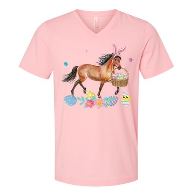 Cute Horse Bunny Ears Easter Eggs Basket Horse V-Neck T-Shirt