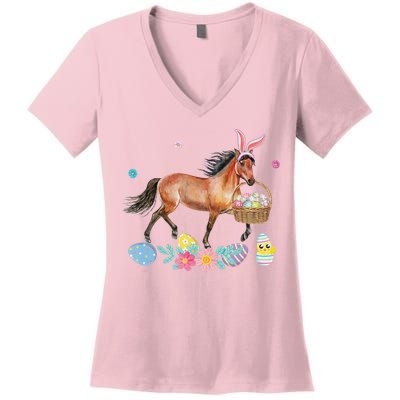 Cute Horse Bunny Ears Easter Eggs Basket Horse Women's V-Neck T-Shirt