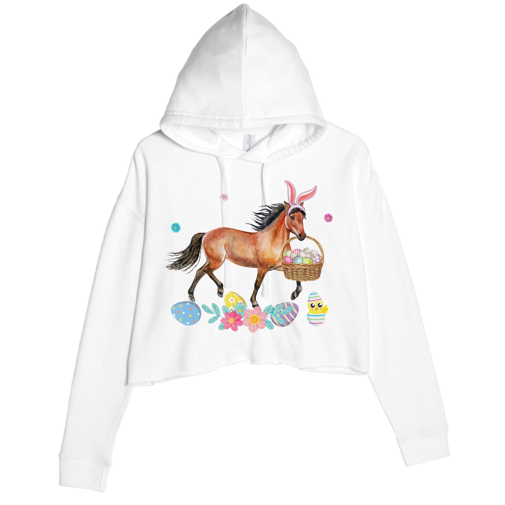 Cute Horse Bunny Ears Easter Eggs Basket Horse Crop Fleece Hoodie