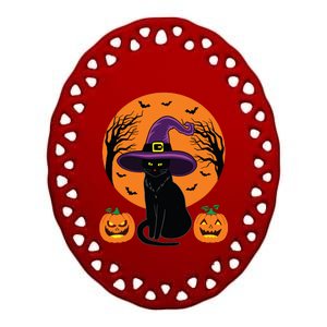 Cute Halloween Black Cat Witch Hat Pumpkin For Kids Girls Ceramic Oval Ornament