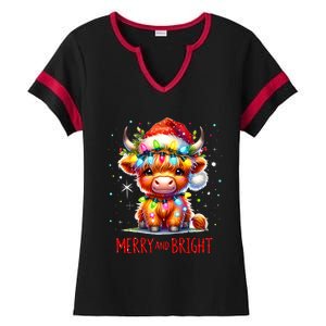 Cute Highland Baby Cow Christmas Lights Merry & Bright Xmas Ladies Halftime Notch Neck Tee