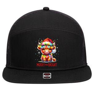 Cute Highland Baby Cow Christmas Lights Merry & Bright Xmas 7 Panel Mesh Trucker Snapback Hat