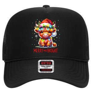 Cute Highland Baby Cow Christmas Lights Merry & Bright Xmas High Crown Mesh Back Trucker Hat