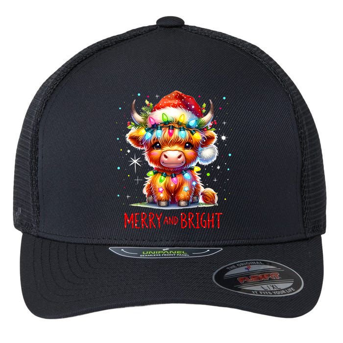 Cute Highland Baby Cow Christmas Lights Merry & Bright Xmas Flexfit Unipanel Trucker Cap