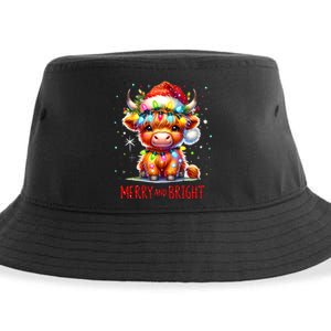 Cute Highland Baby Cow Christmas Lights Merry & Bright Xmas Sustainable Bucket Hat