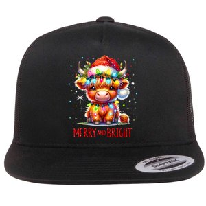 Cute Highland Baby Cow Christmas Lights Merry & Bright Xmas Flat Bill Trucker Hat