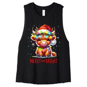 Cute Highland Baby Cow Christmas Lights Merry & Bright Xmas Women's Racerback Cropped Tank