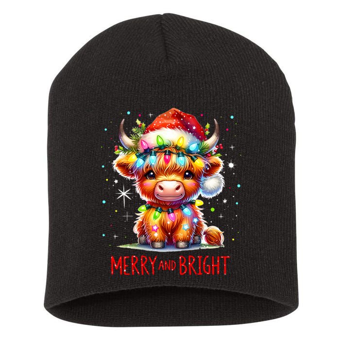 Cute Highland Baby Cow Christmas Lights Merry & Bright Xmas Short Acrylic Beanie