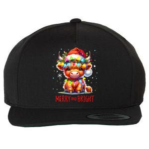 Cute Highland Baby Cow Christmas Lights Merry & Bright Xmas Wool Snapback Cap